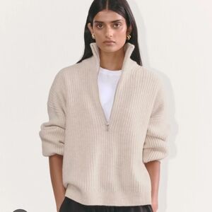 EVERLANE Women's Half-Zip Sweater in Luxe Merino Heathered Oat, size small Wool
